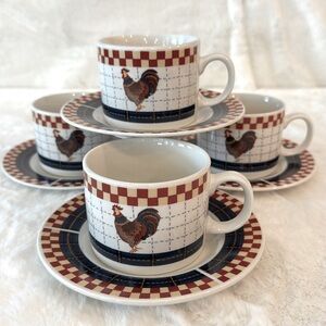 Majesticware Stoneware by Oneida, Calico Rooster Mug & Saucer, Set of 4, 8oz